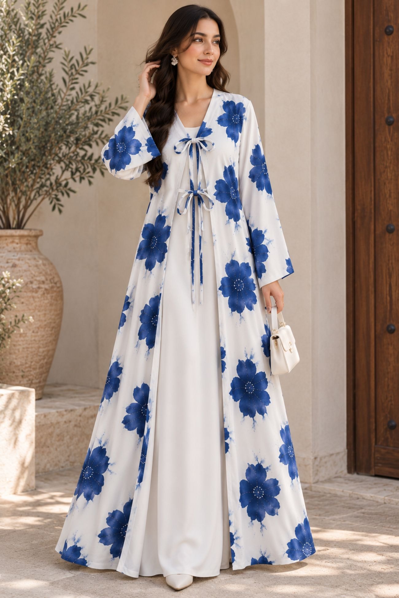 Libas lab -Elegant Blue Floral Front Open abaya Dress with inner slip Dress
