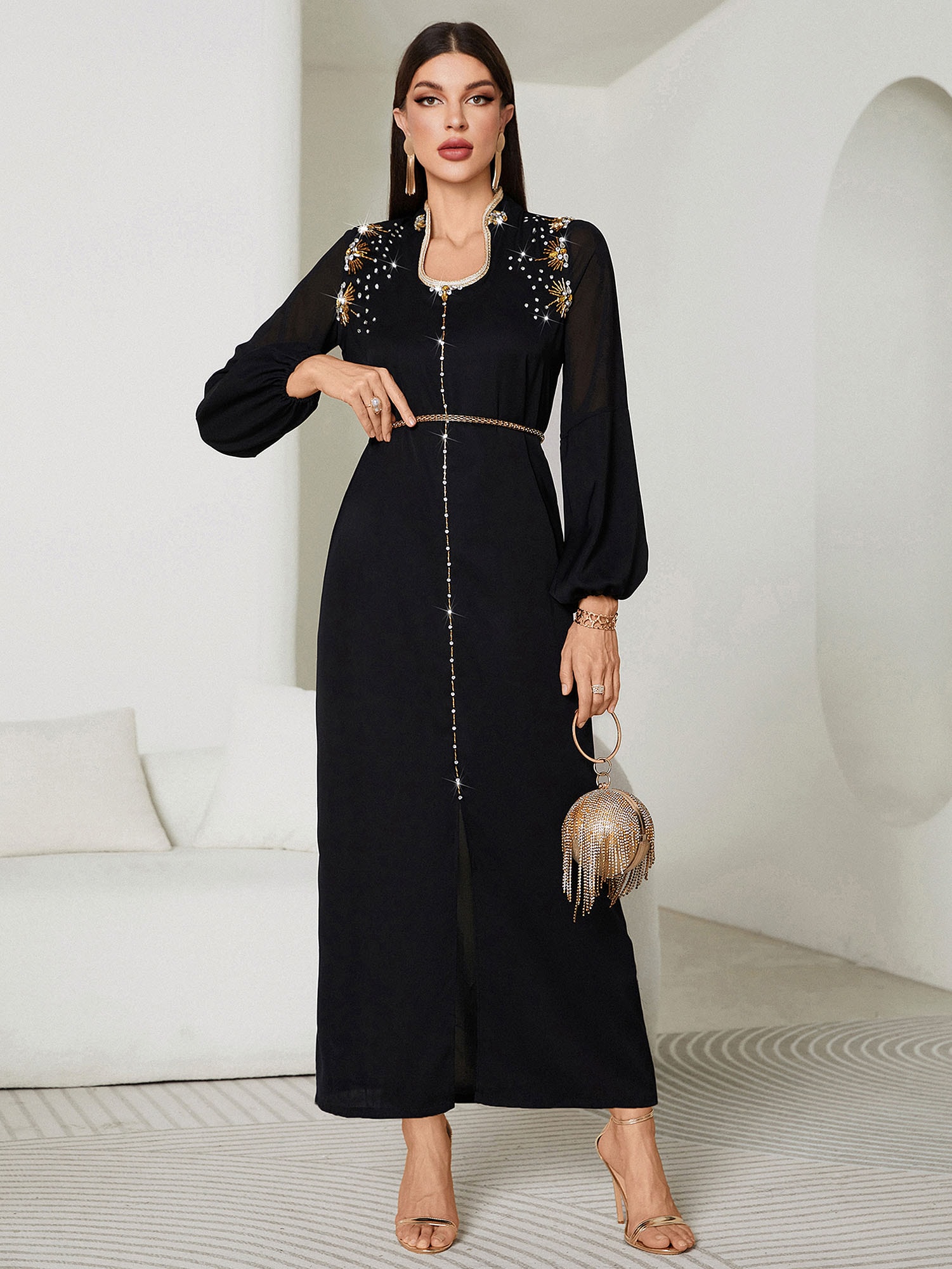 Women's Black Embellished Abaya Maxi Dress with Rhinestones