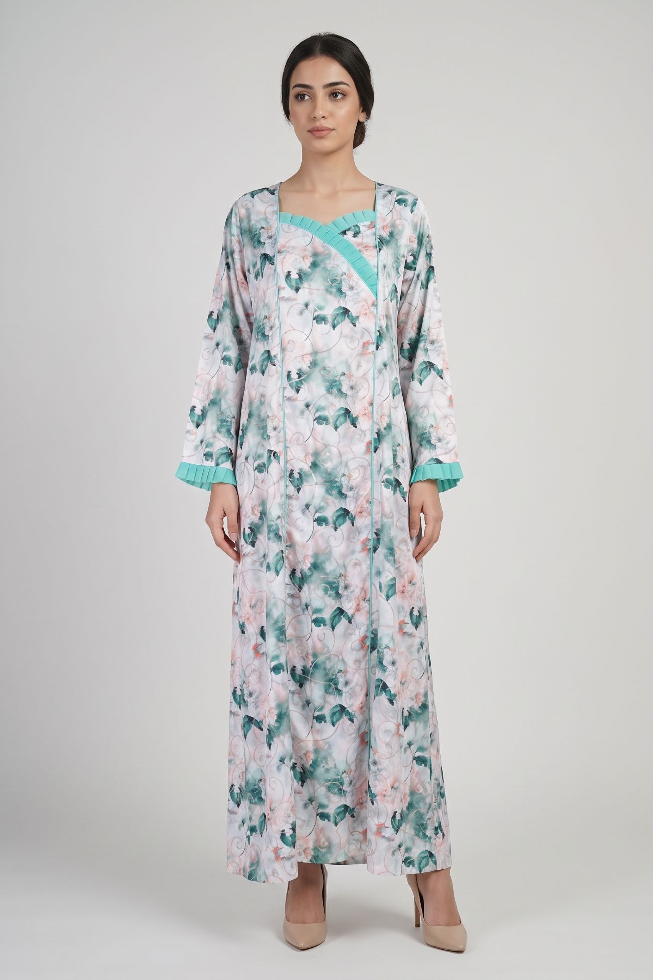 Mint Floral Jalabiya with Pleated Trim