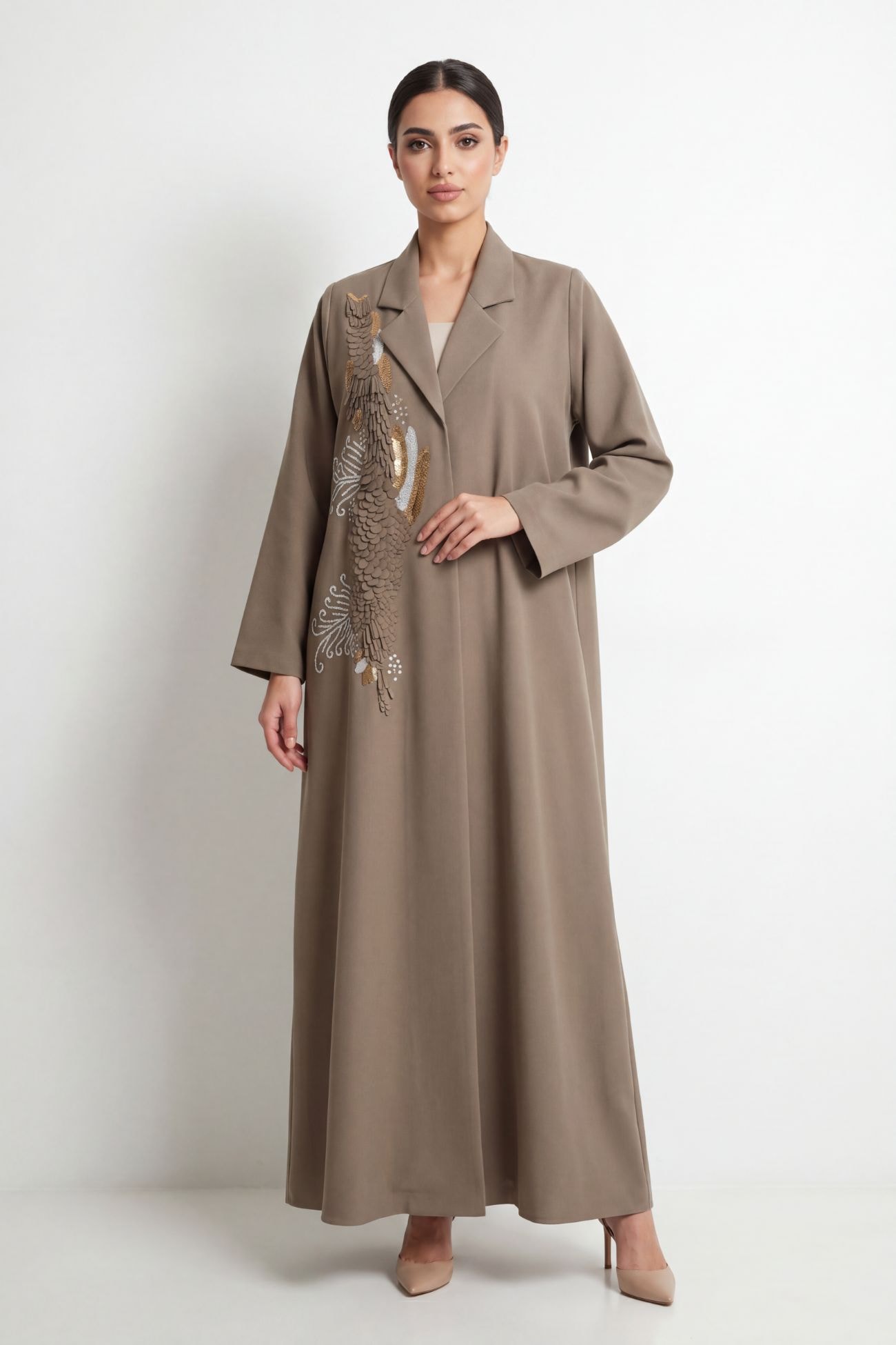 Taupe Linen Fao Laser Cut Abaya with Matching Sheila