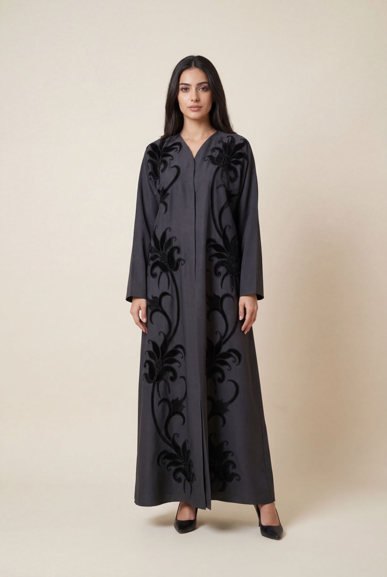 Black Satin Applique and Stones Floral Motifs
