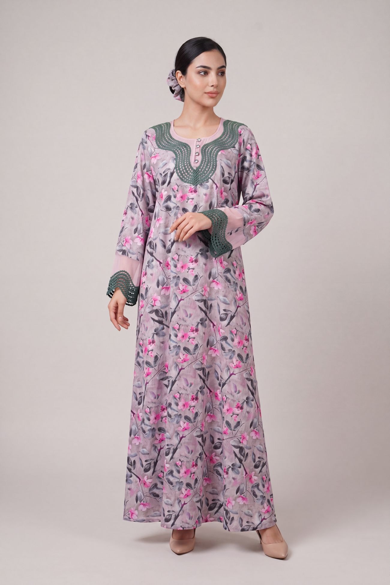 Blush Floral Jalabiya with Crochet Trim