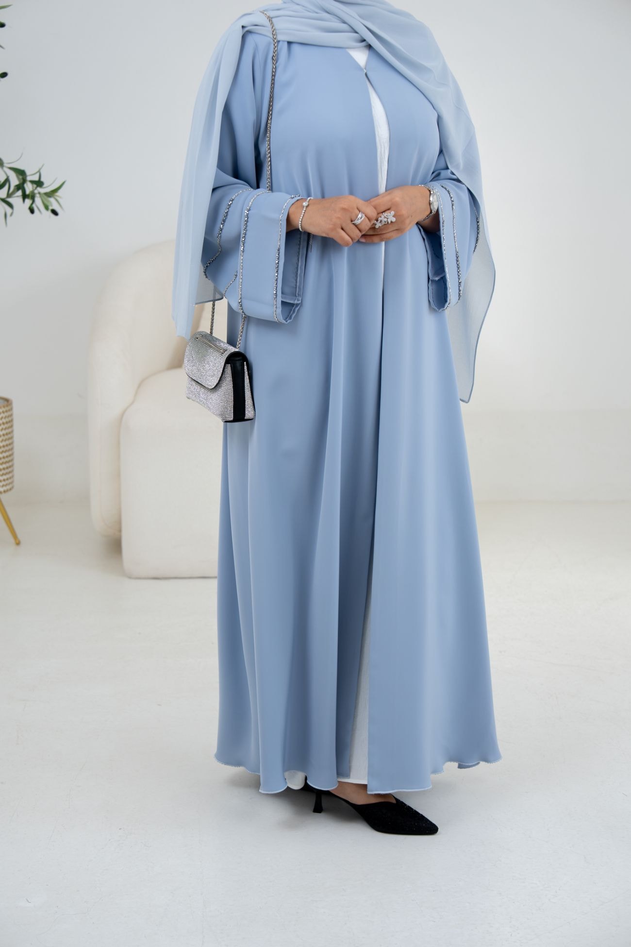 Powder Blue Flared-Sleeve Abaya with pockets - semi stitched