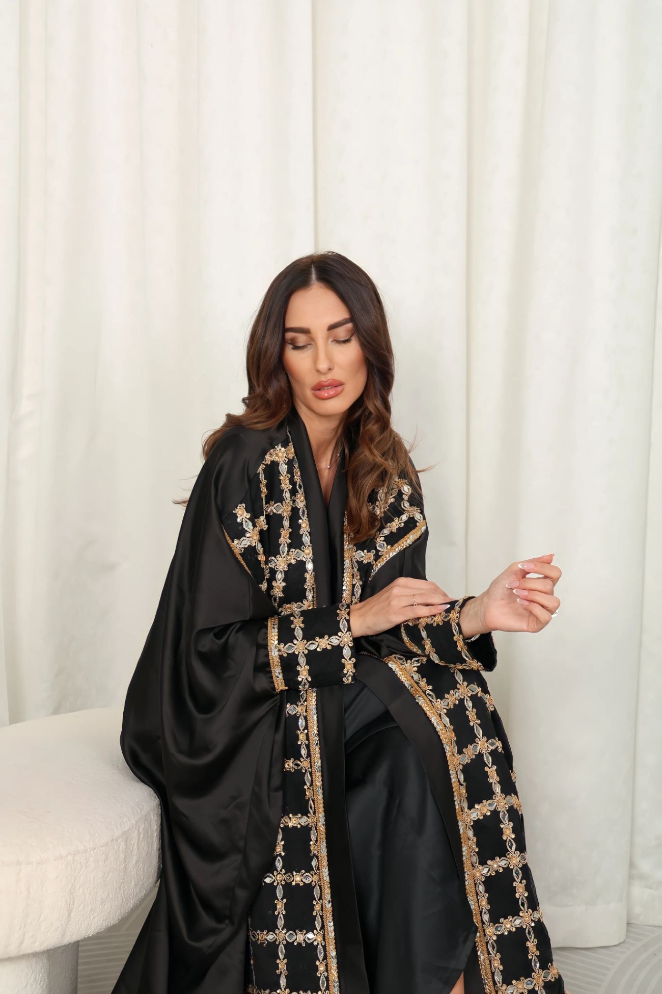 Black Embroidered Crepe Satin Abaya