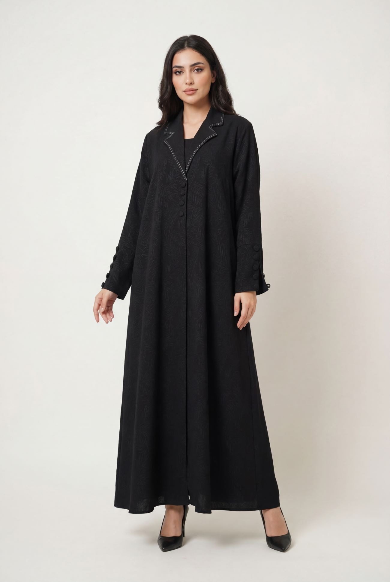 Black Jacquard Leaves Printed Fabric with Stitch on Collar