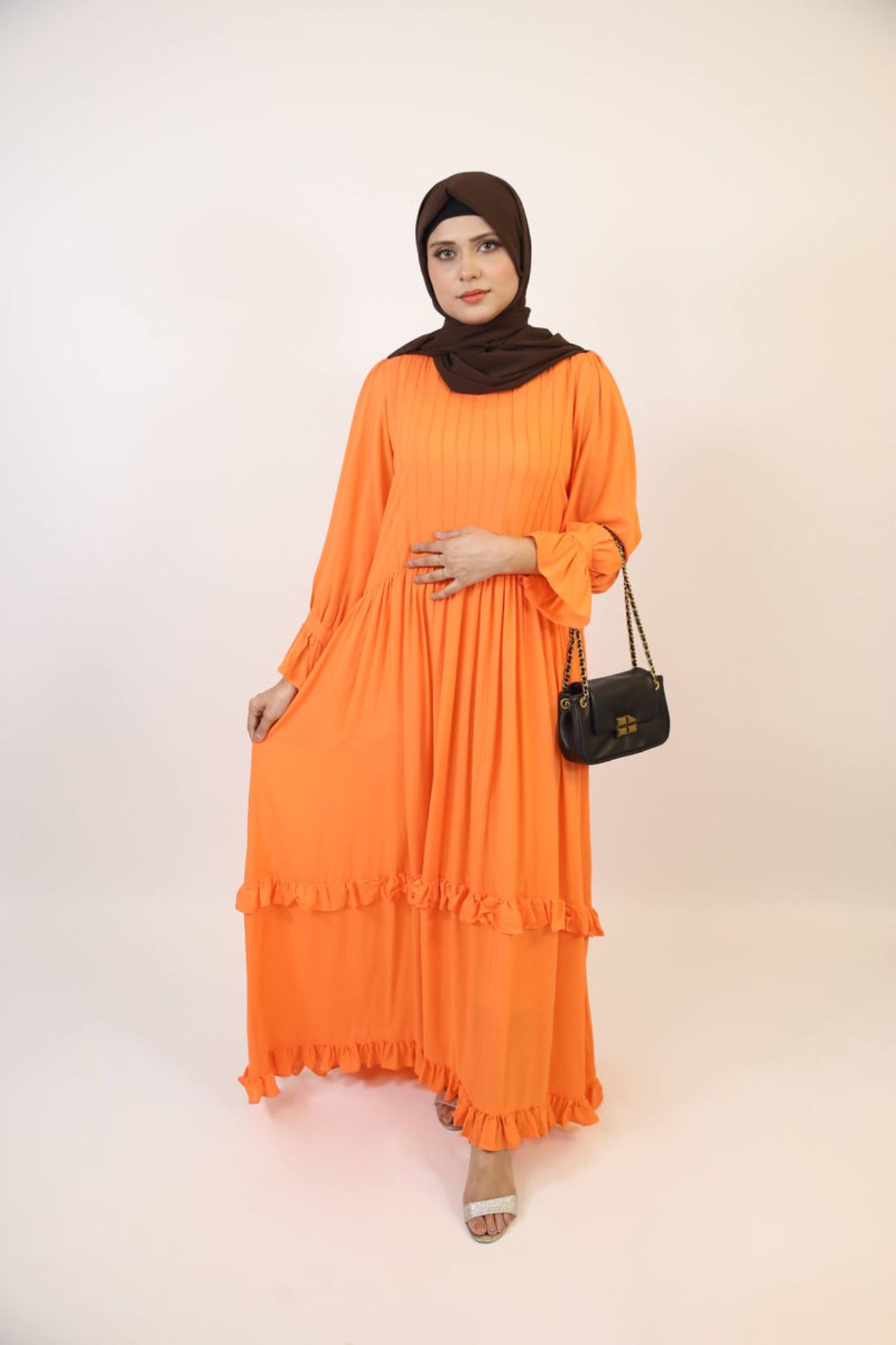 Libas lab Samahah - Graceful Linen Maxi Dress with Pintuck Pleats and Ruffled Hem - Pumpkin Orange