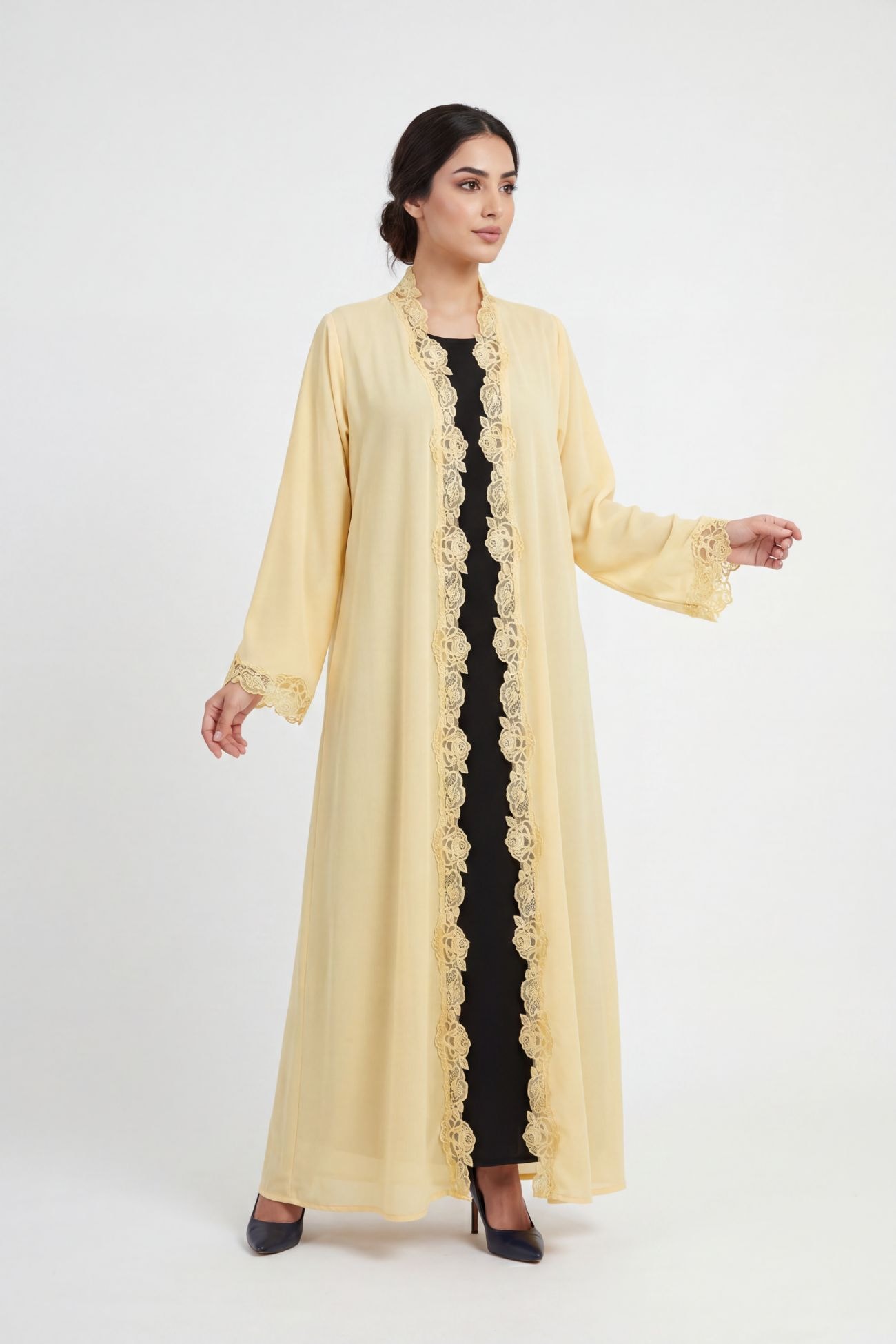 Pastel Yellow Korean Nida Lace Abaya with Matching Sheila
