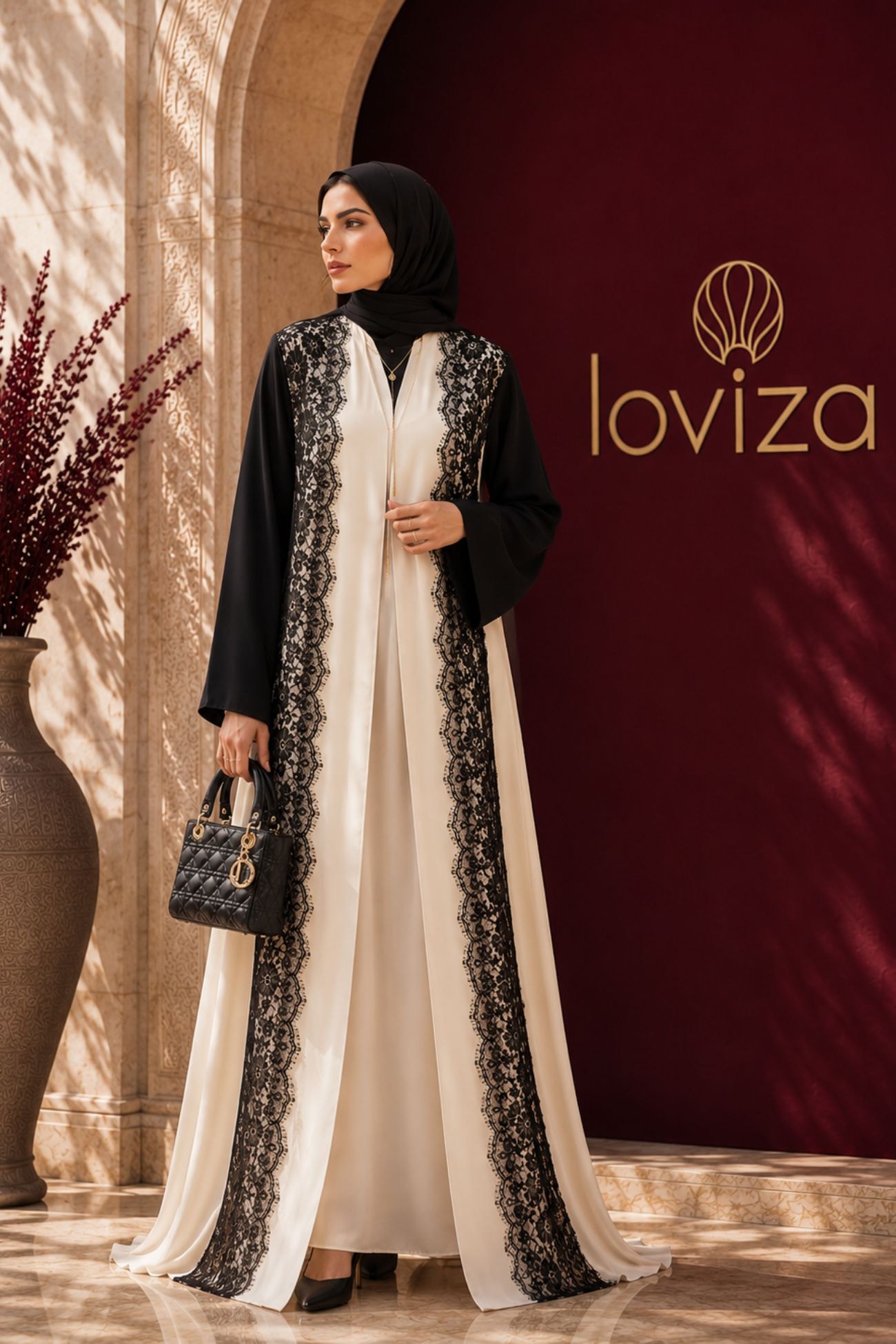 Liyana Ivory & Black Lace Abaya