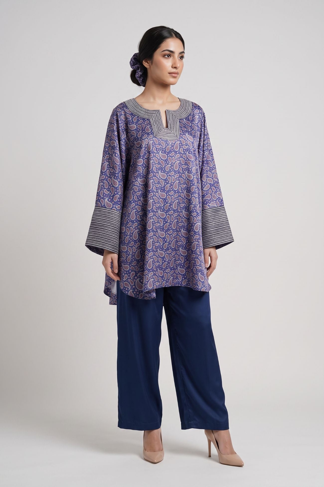 Purple Paisley Tally-Trim Travel Set with Wide-Leg Pants