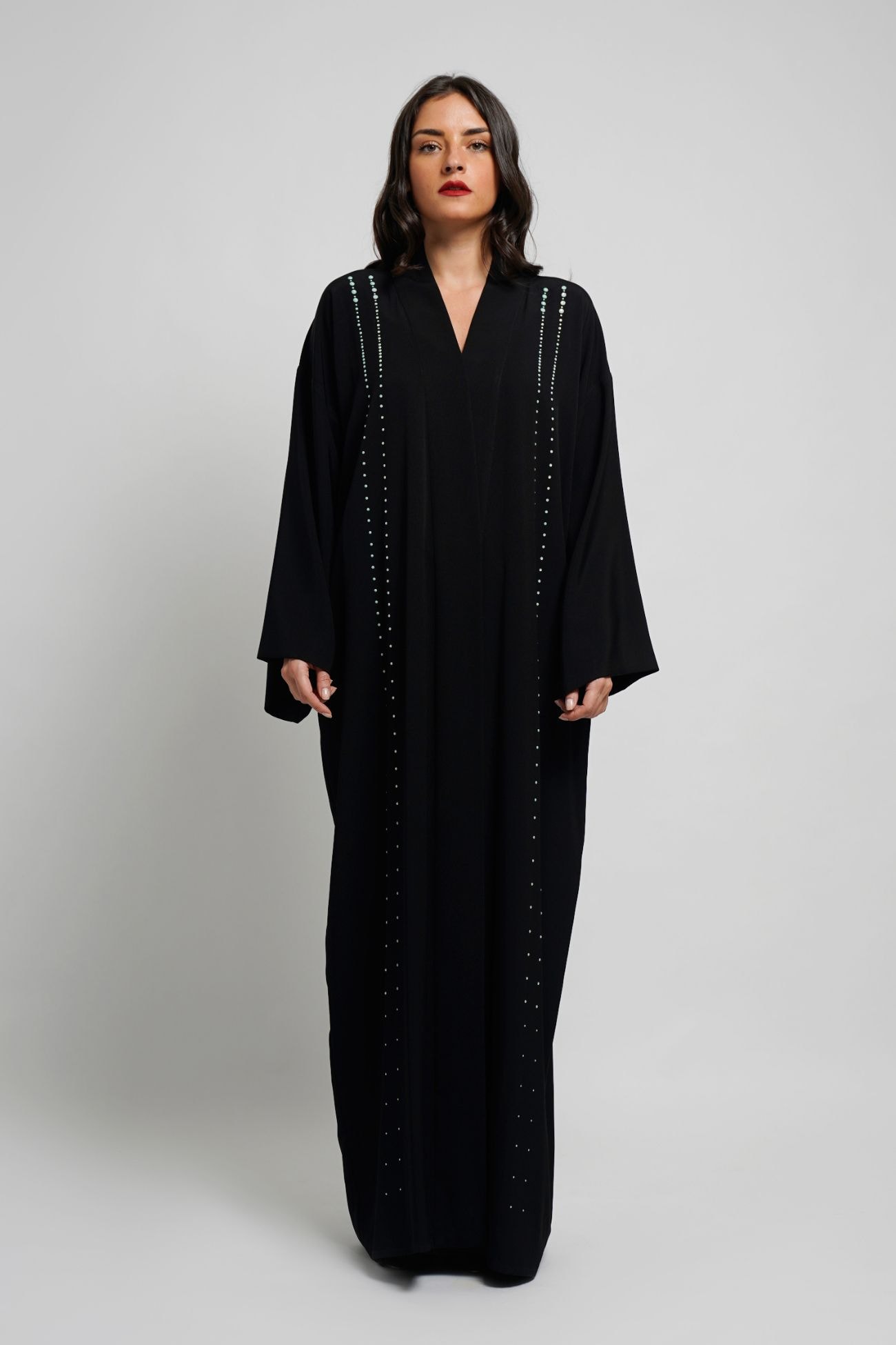 Black T-cut abaya embellished with Aurore Boreale Swarovski crystal