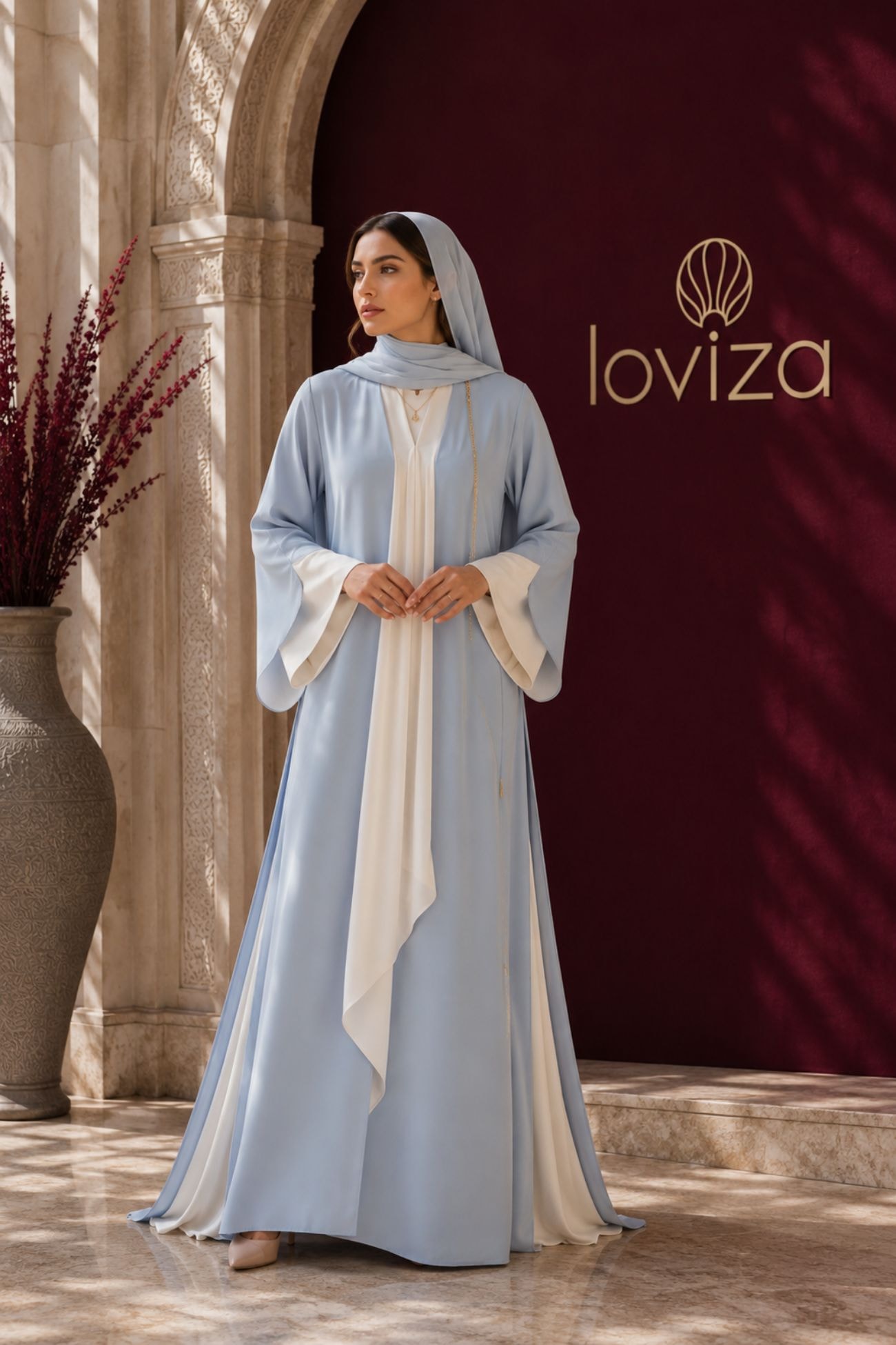 Safiya Powder Blue & Ivory Contrast Abaya
