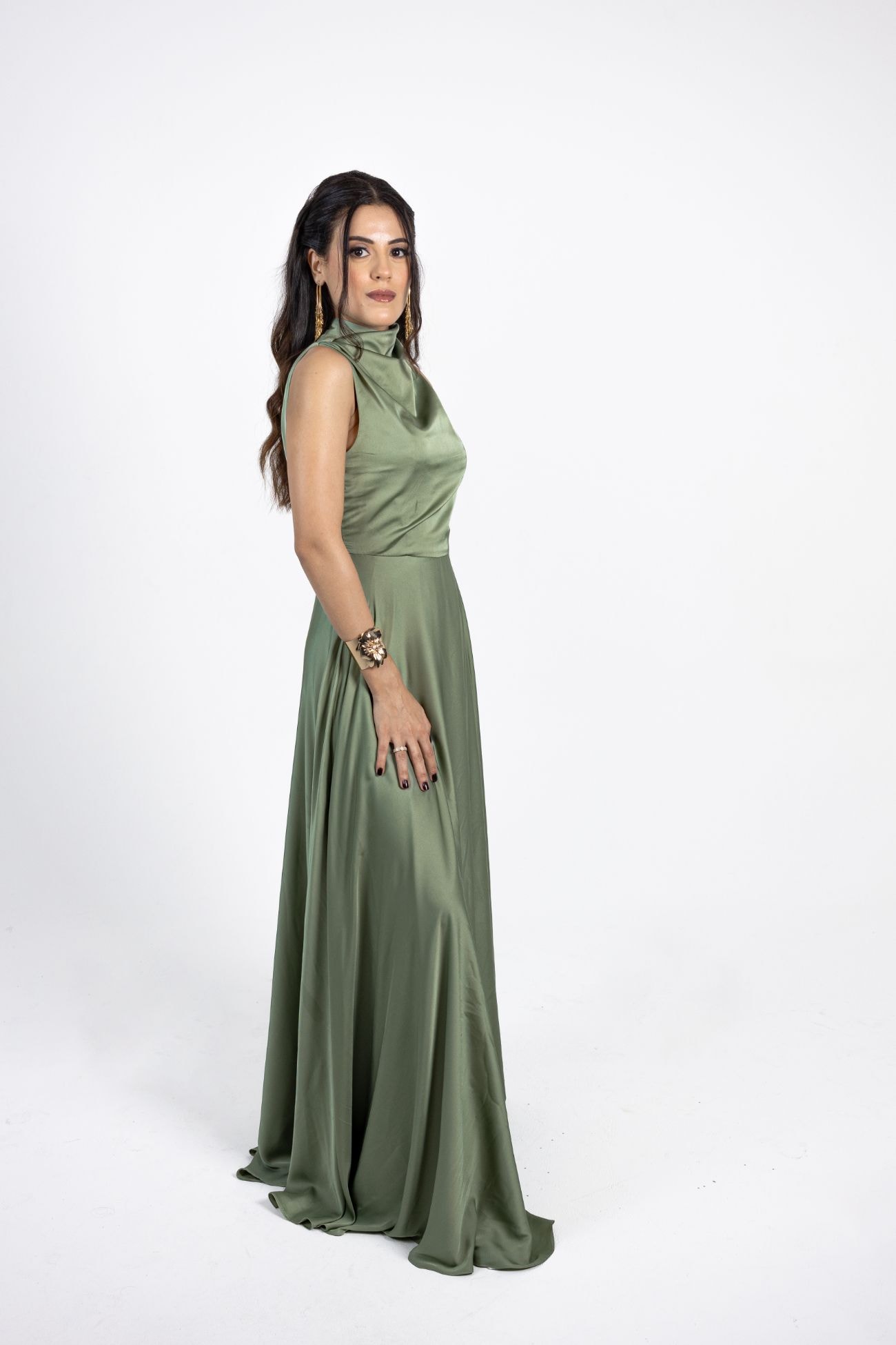 Sage Green High Neck Draped Silk Gown