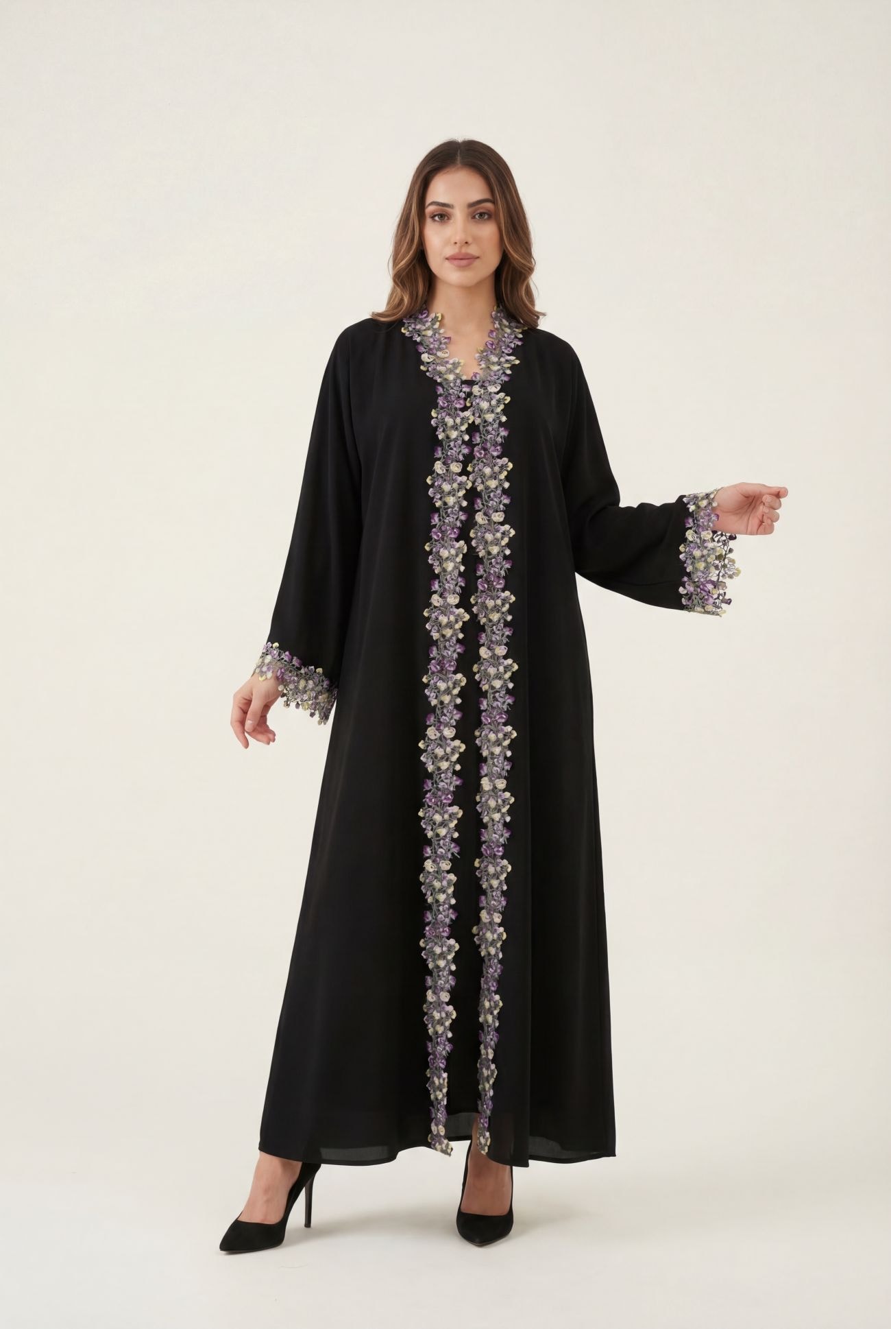 Black Nida Fabric with Colorful Floral Embroidered Lace